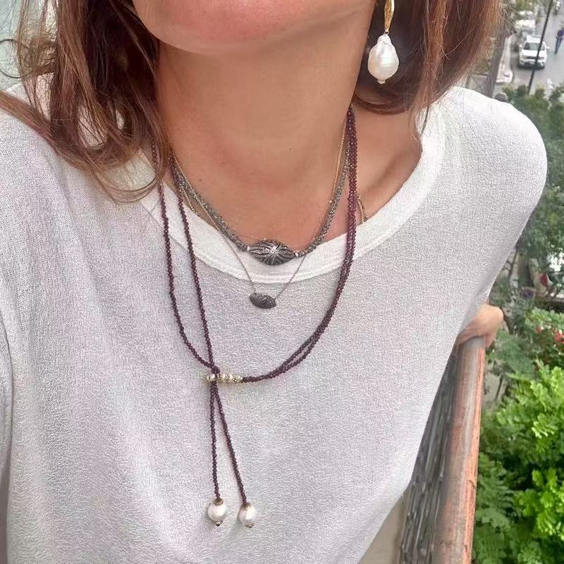 Double - Layer Faceted Gemstone Necklace with Pearl Pendant – Garnet or Gold Ore Option - floysun