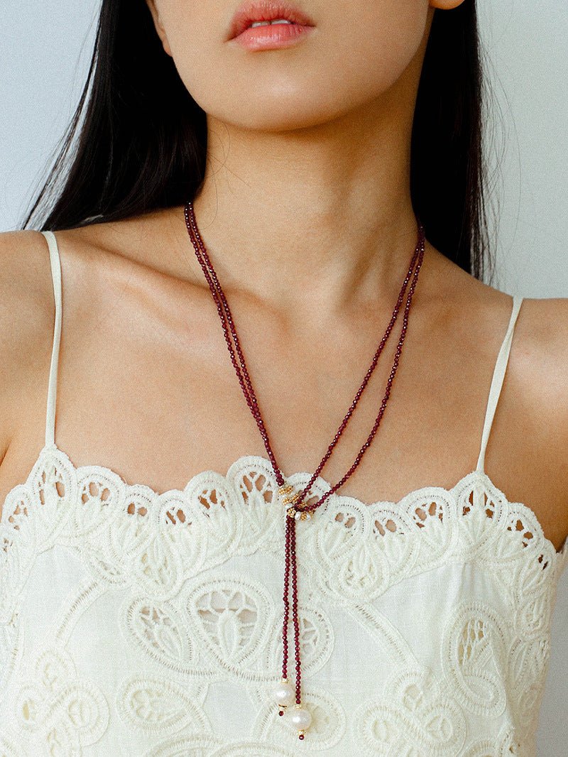 Double - Layer Faceted Gemstone Necklace with Pearl Pendant – Garnet or Gold Ore Option - floysun