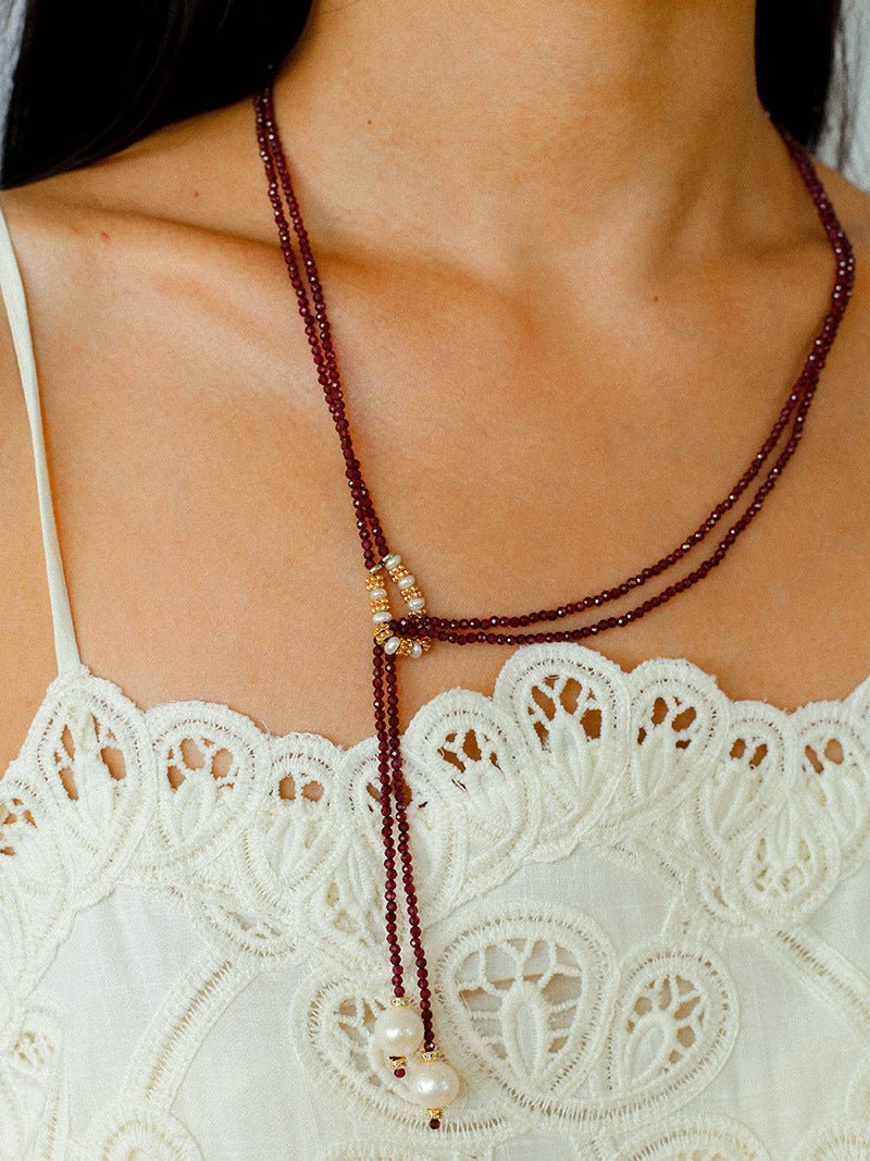 Double - Layer Faceted Gemstone Necklace with Pearl Pendant – Garnet or Gold Ore Option - floysun