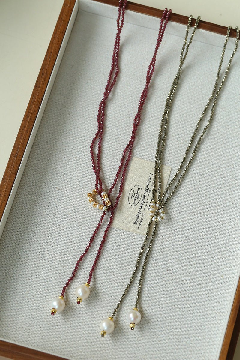 Double - Layer Faceted Gemstone Necklace with Pearl Pendant – Garnet or Gold Ore Option - floysun