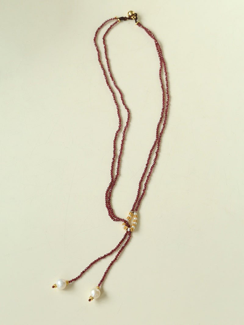 Double - Layer Faceted Gemstone Necklace with Pearl Pendant – Garnet or Gold Ore Option - floysun