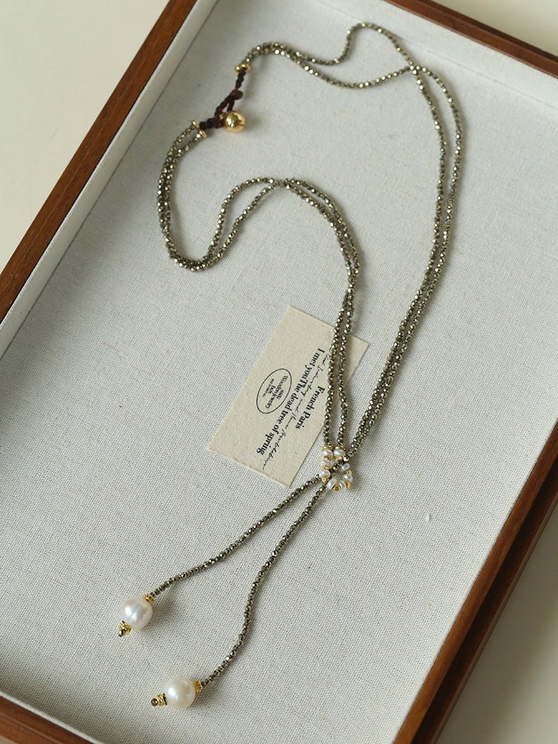 Double - Layer Faceted Gemstone Necklace with Pearl Pendant – Garnet or Gold Ore Option - floysun