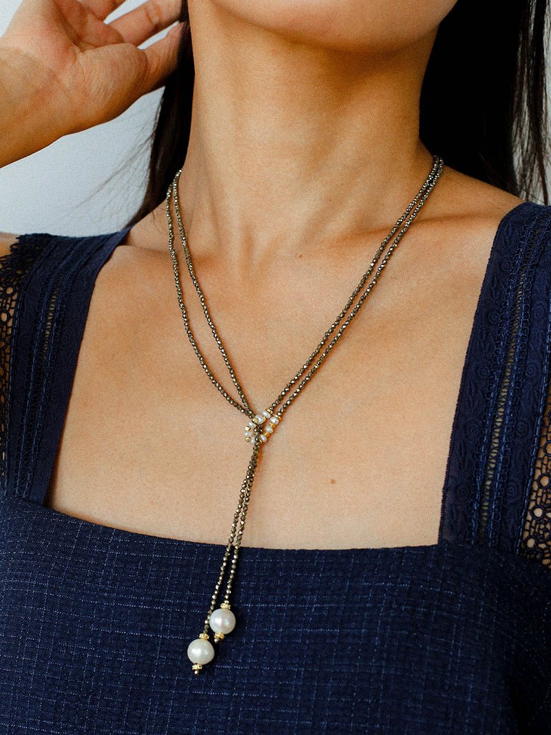 Double - Layer Faceted Gemstone Necklace with Pearl Pendant – Garnet or Gold Ore Option - floysun