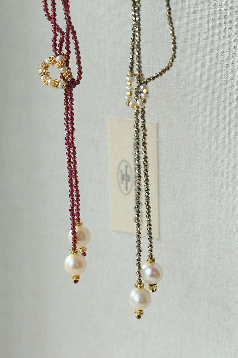 Double - Layer Faceted Gemstone Necklace with Pearl Pendant – Garnet or Gold Ore Option - floysun