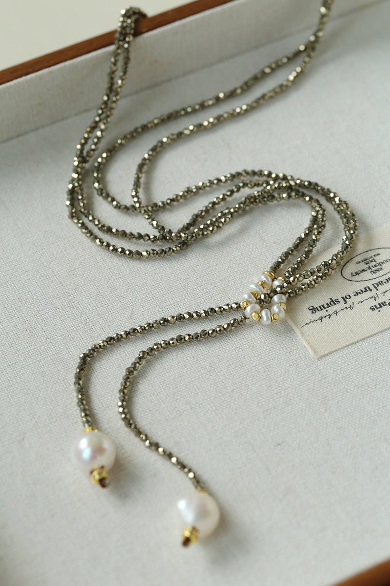 Double - Layer Faceted Gemstone Necklace with Pearl Pendant – Garnet or Gold Ore Option - floysun