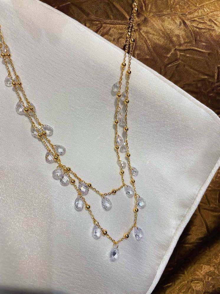 Double Layer White CZ Tassel Choker Necklace - floysun