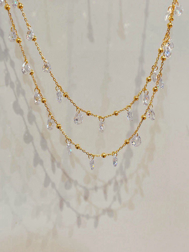 Double Layer White CZ Tassel Choker Necklace - floysun