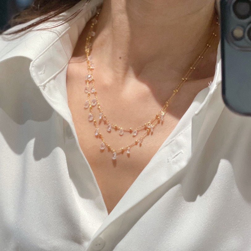Double Layer White CZ Tassel Choker Necklace - floysun
