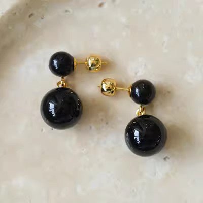 Double Natural Stone Ball Earrings-Black Onyx - floysun