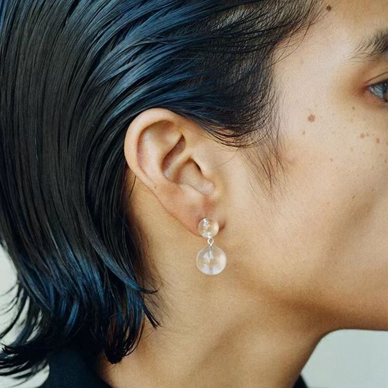 Double Natural Stone Ball Earrings-White Crystal - floysun