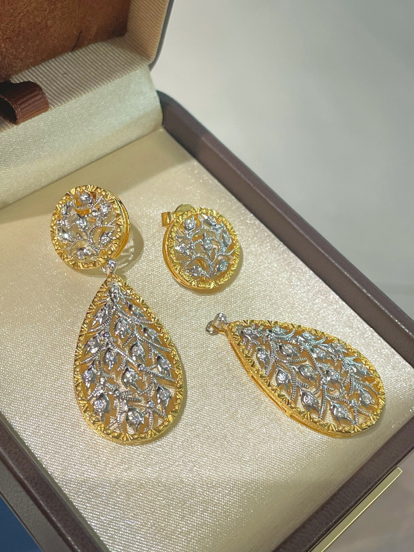 Dual - Wear Leaf Earrings with Engraved Gold & Sparkling CZ - floysun
