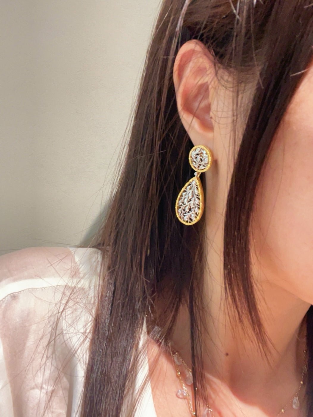Dual - Wear Leaf Earrings with Engraved Gold & Sparkling CZ - floysun