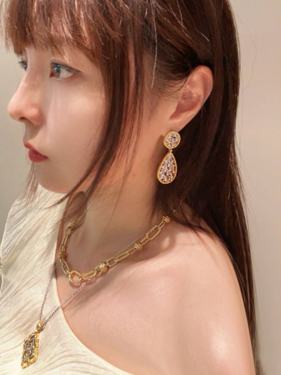 Dual - Wear Leaf Earrings with Engraved Gold & Sparkling CZ - floysun