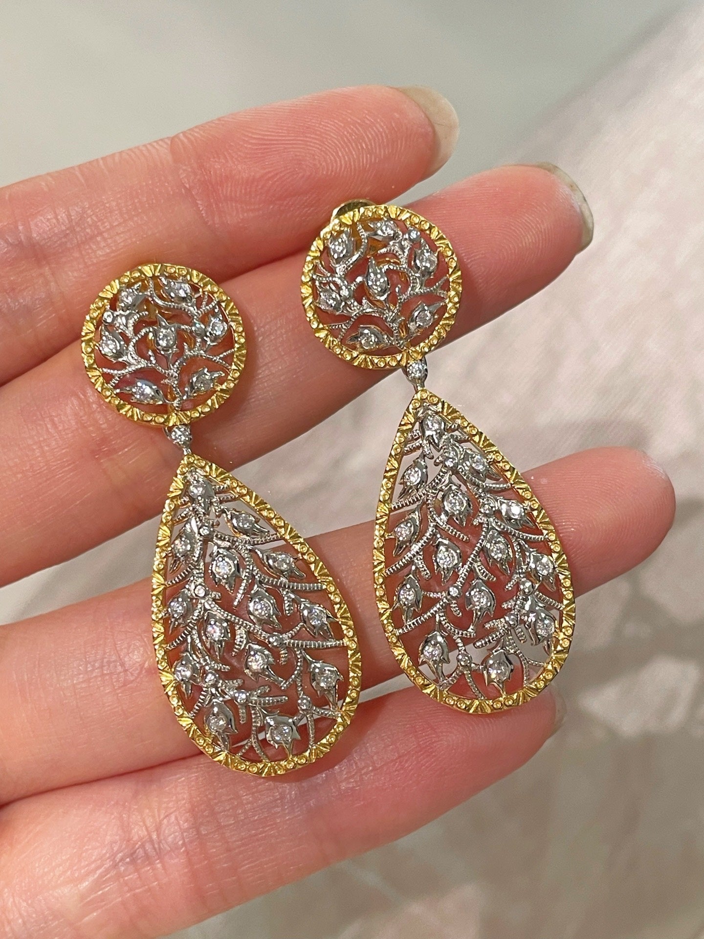 Dual - Wear Leaf Earrings with Engraved Gold & Sparkling CZ - floysun