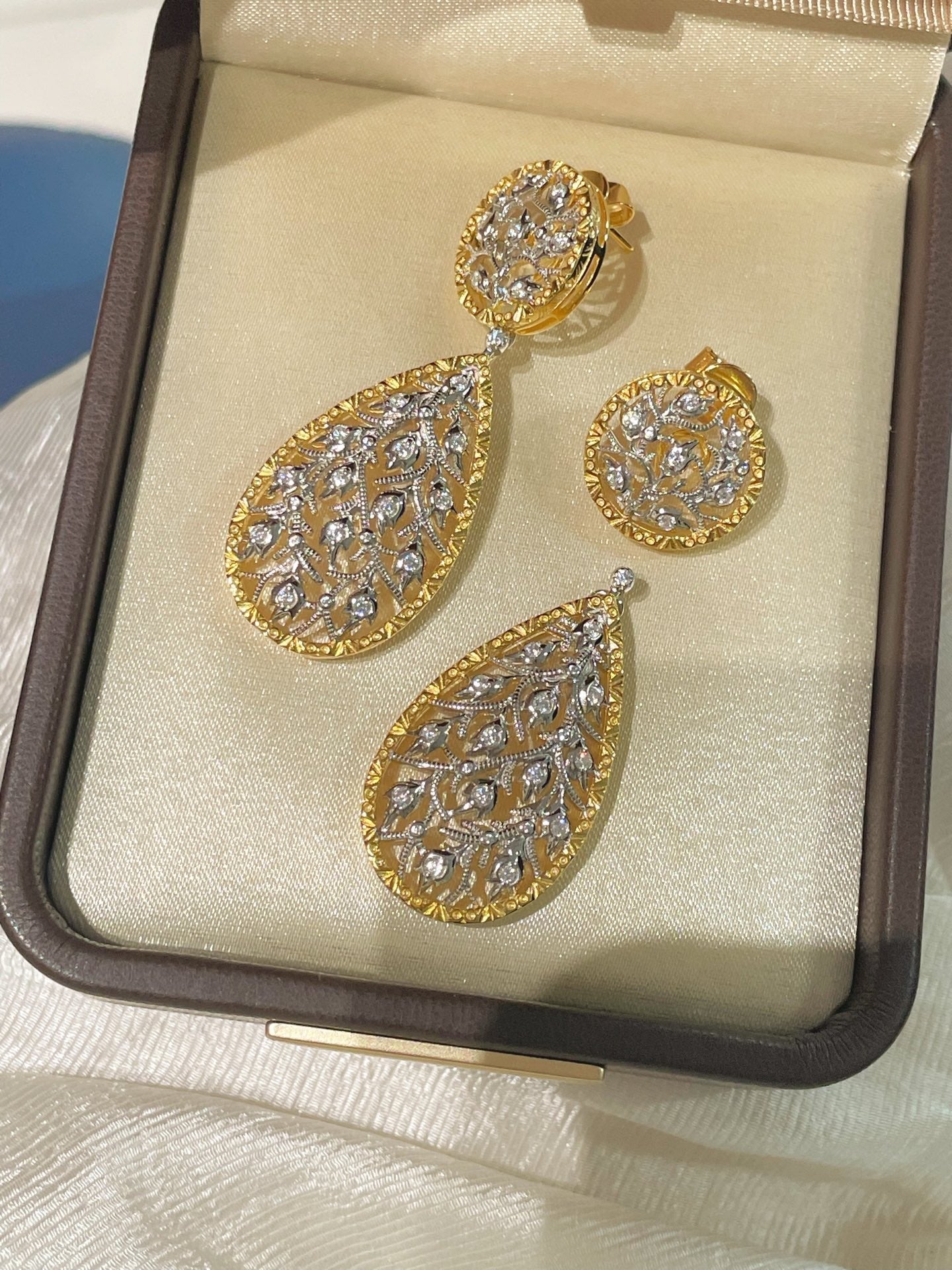 Dual - Wear Leaf Earrings with Engraved Gold & Sparkling CZ - floysun