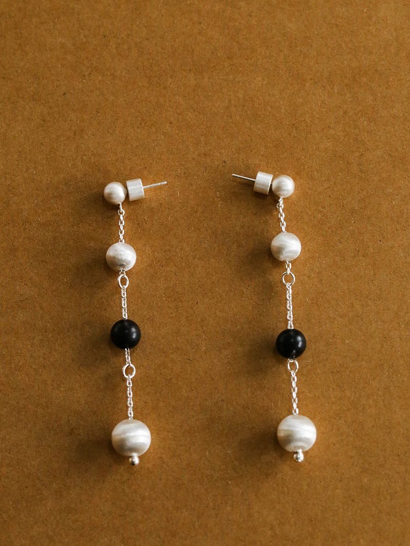 Ebony Wood Brushed Silver Sphere Earrings - floysun