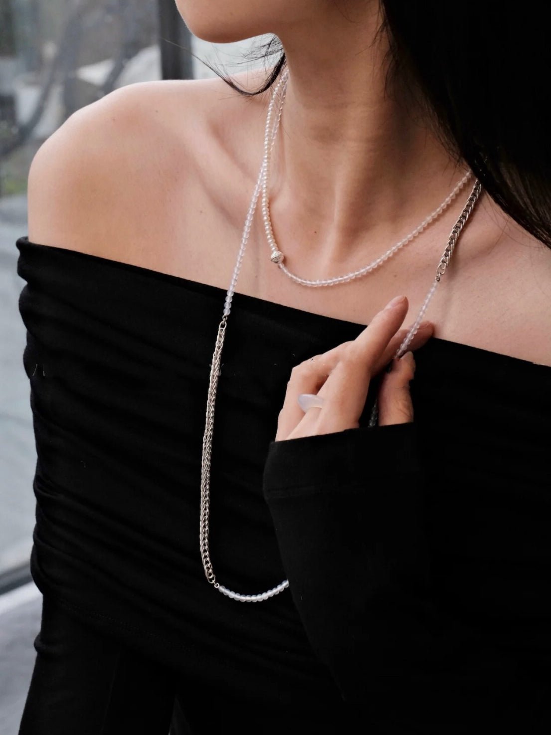 Elegant Long Chunky Chain Splicing Pearl Necklace - Pearl - floysun