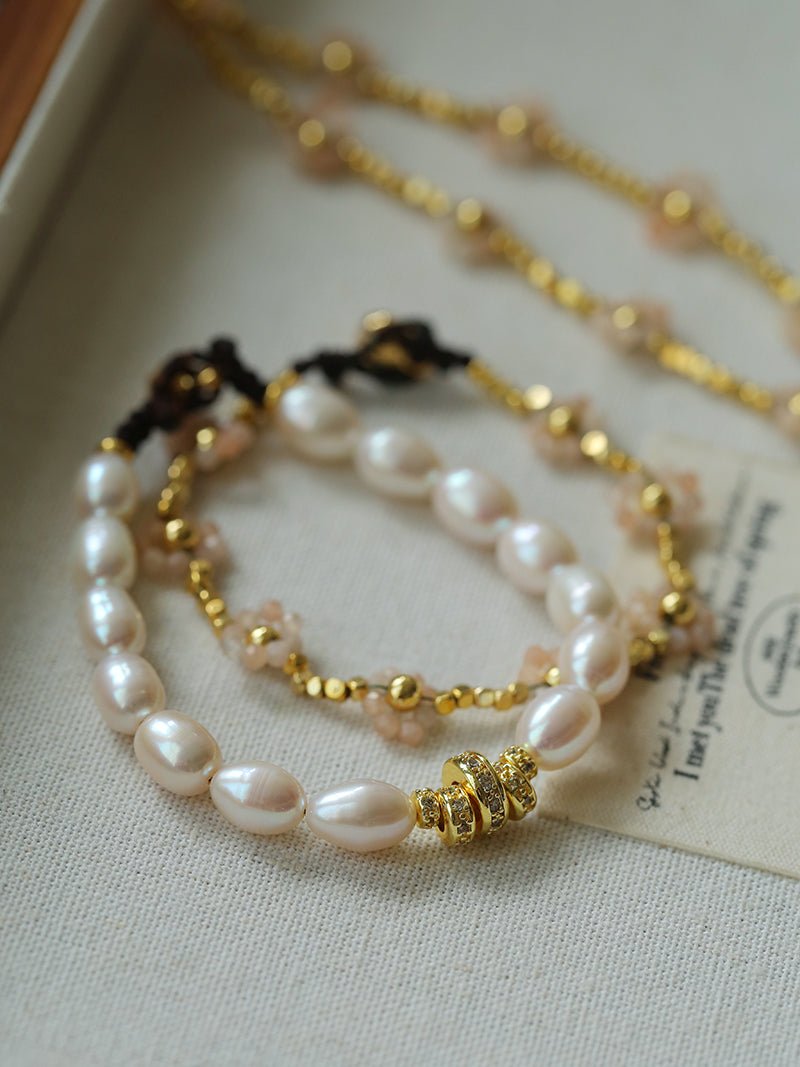 Elegant Natural Pearl Bracelet with Gold & Diamond Accents - floysun
