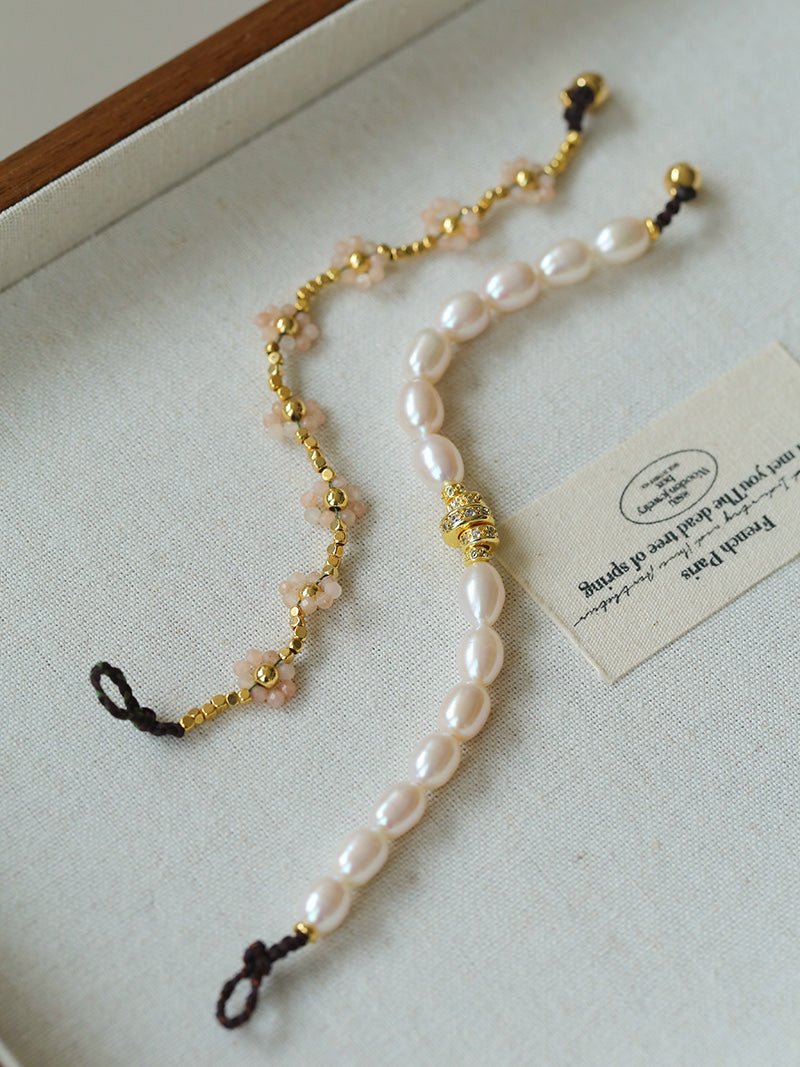 Elegant Natural Pearl Bracelet with Gold & Diamond Accents - floysun