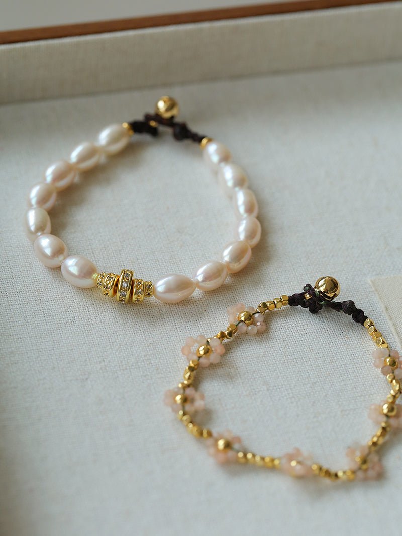 Elegant Natural Pearl Bracelet with Gold & Diamond Accents - floysun
