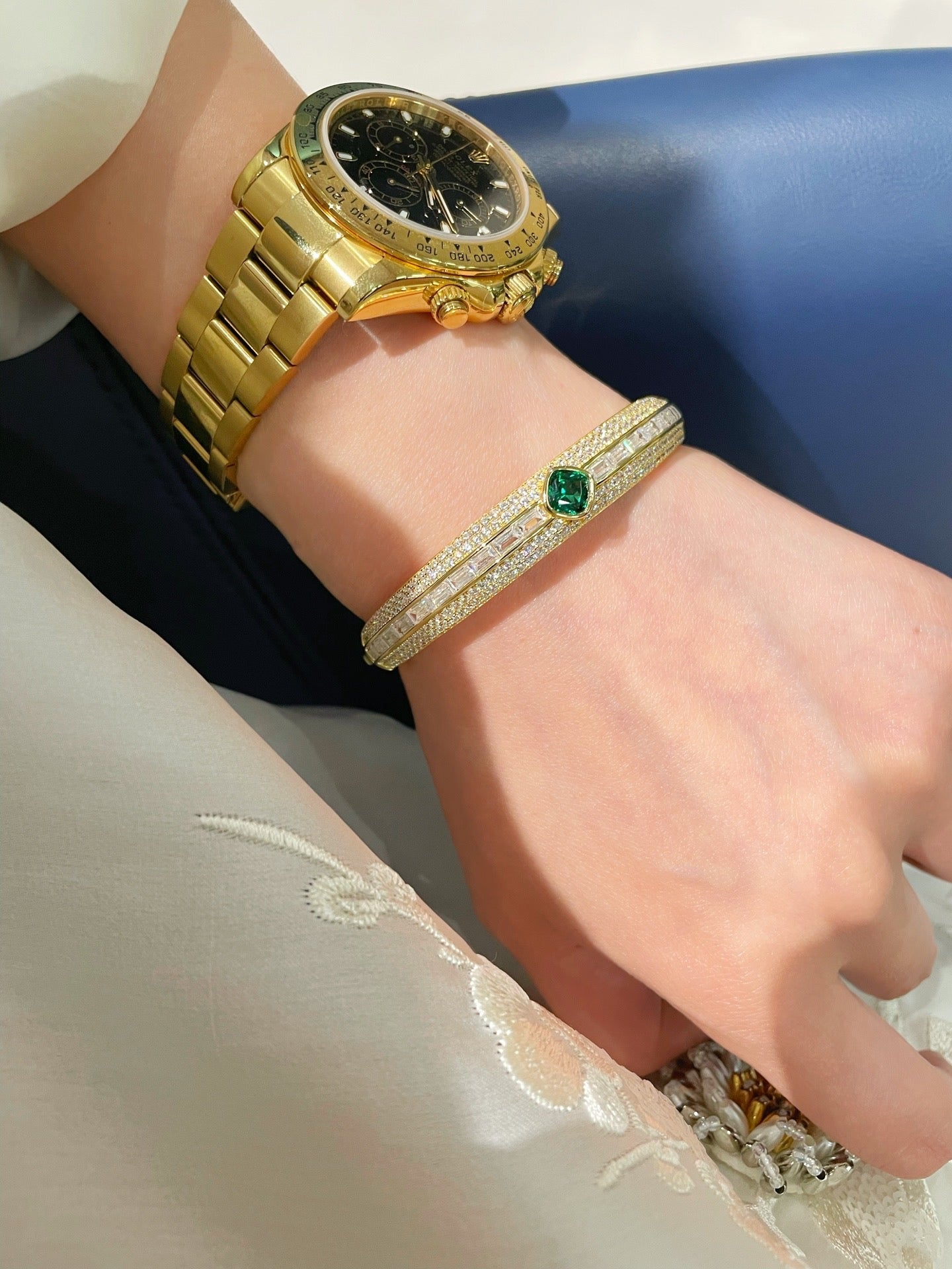 Emerald Ice Sugar Diamond - Cut Wide Bangle - floysun