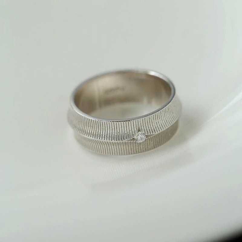 Engraved Brushed Silver Zircon Ring - floysun
