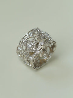 Engraved Lace Pattern Wide Ring – Brushed 925 Sterling Silver - floysun