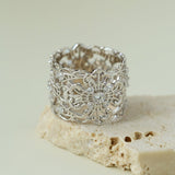 Engraved Lace Pattern Wide Ring – Brushed 925 Sterling Silver - floysun