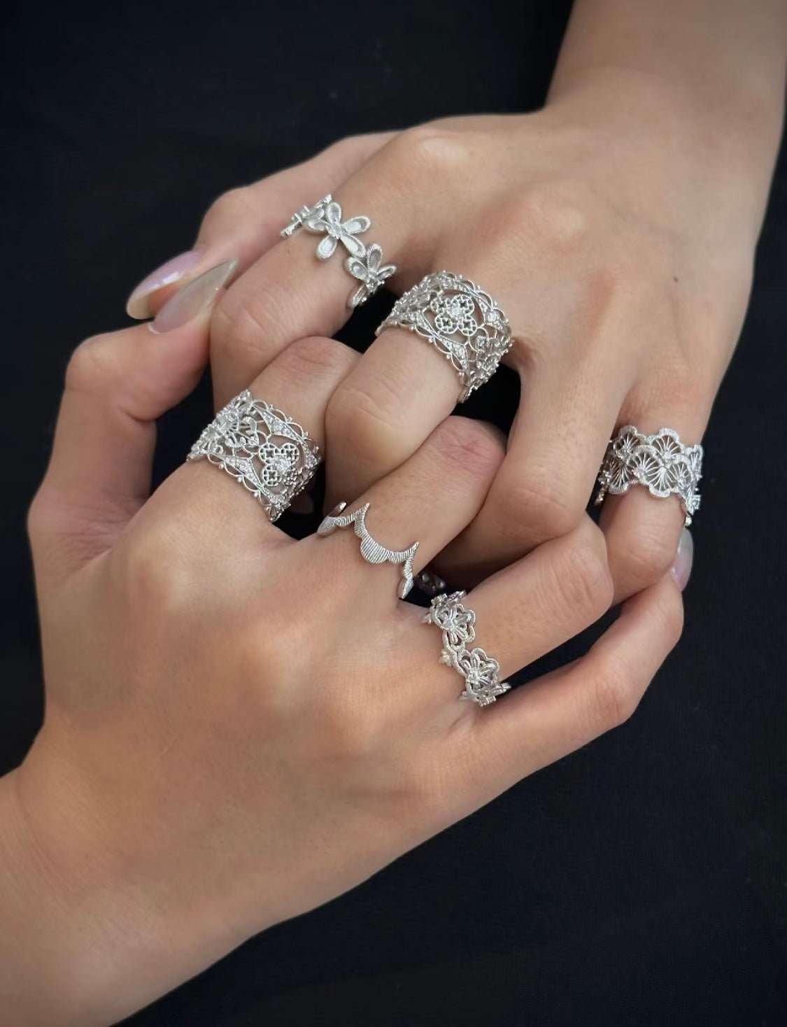 Engraved Lace Pattern Wide Ring – Brushed 925 Sterling Silver - floysun