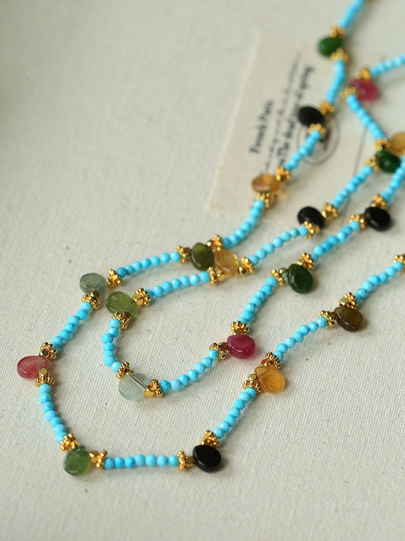 Exclusive Semi - Luxury Turquoise & Rainbow Tourmaline Long Necklace - floysun