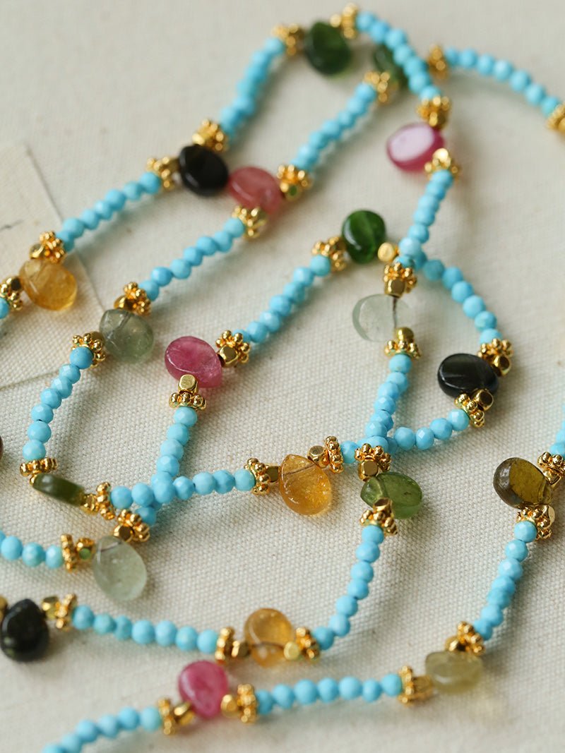Exclusive Semi - Luxury Turquoise & Rainbow Tourmaline Long Necklace - floysun