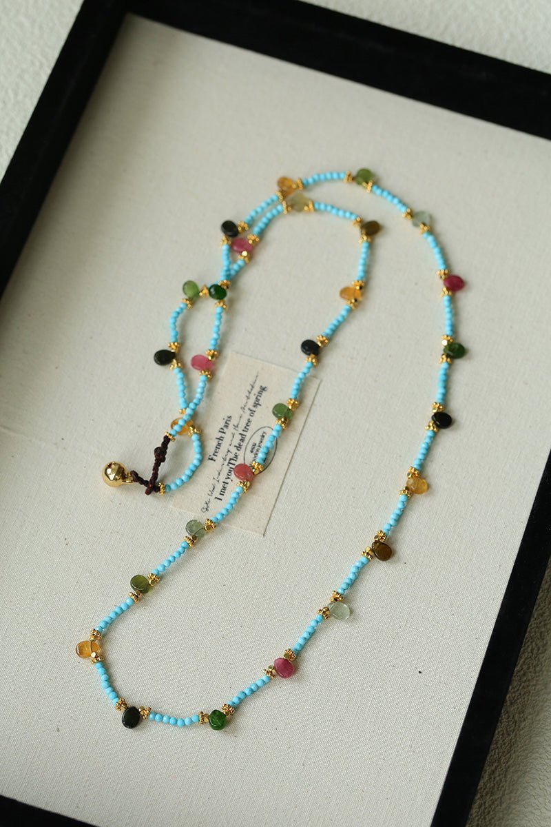 Exclusive Semi - Luxury Turquoise & Rainbow Tourmaline Long Necklace - floysun