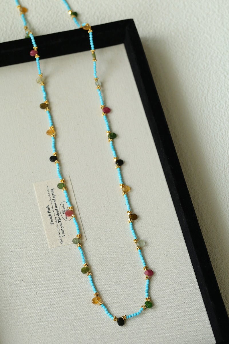 Exclusive Semi - Luxury Turquoise & Rainbow Tourmaline Long Necklace - floysun