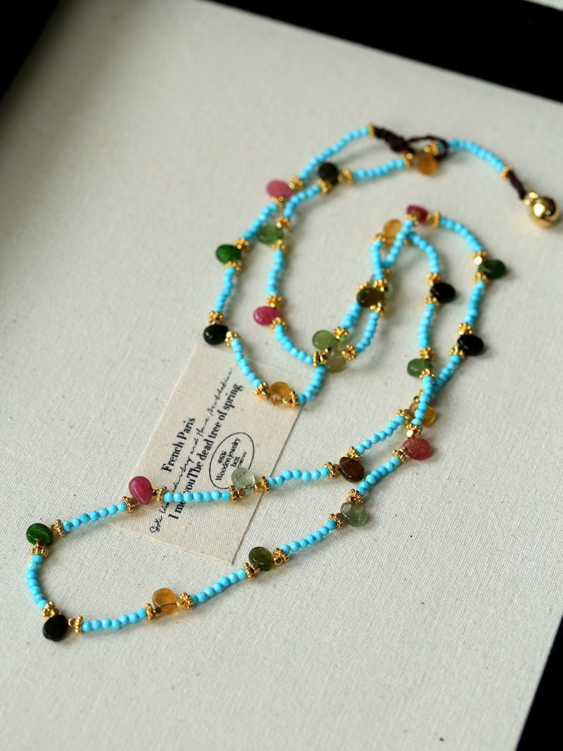 Exclusive Semi - Luxury Turquoise & Rainbow Tourmaline Long Necklace - floysun