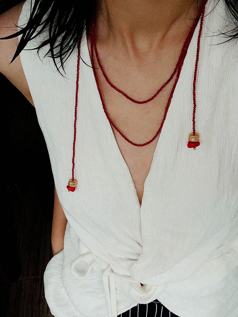 Extra - Long Mini Gemstone Bead Necklace with Lucky Charm Beads – Coral Beads - floysun