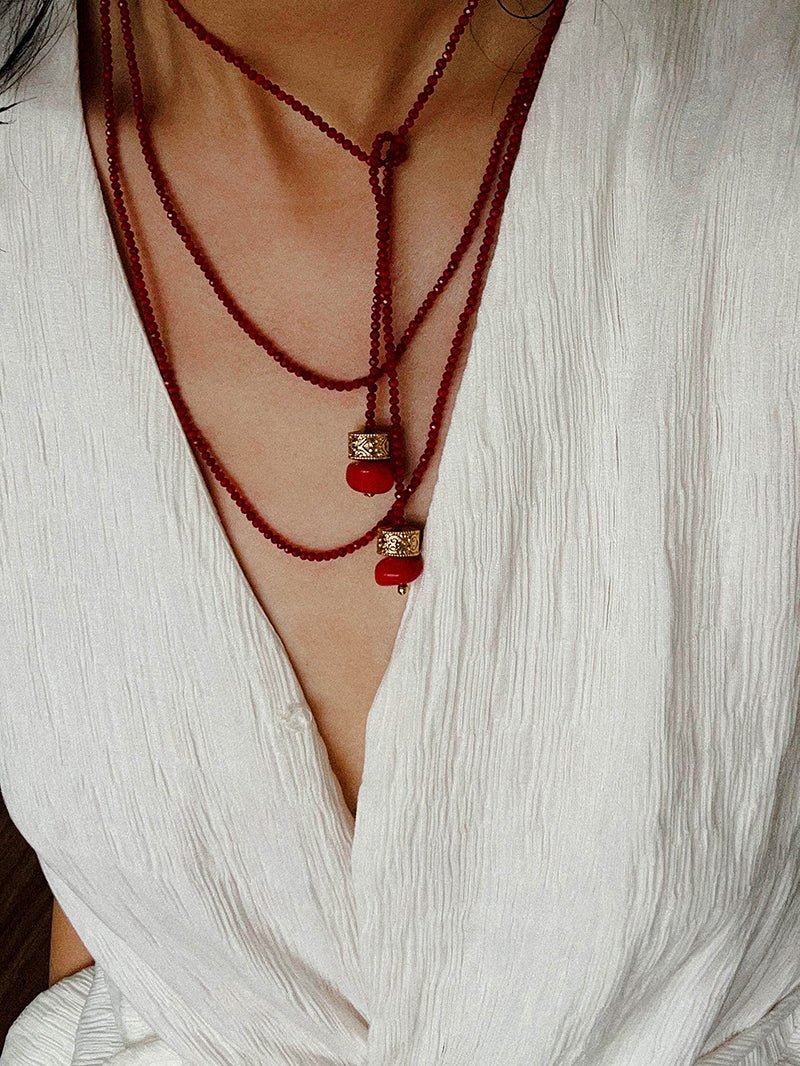 Extra - Long Mini Gemstone Bead Necklace with Lucky Charm Beads – Coral Beads - floysun