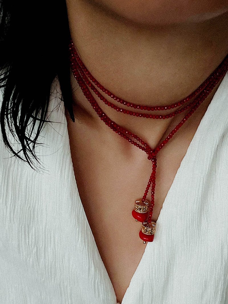 Extra - Long Mini Gemstone Bead Necklace with Lucky Charm Beads – Coral Beads - floysun