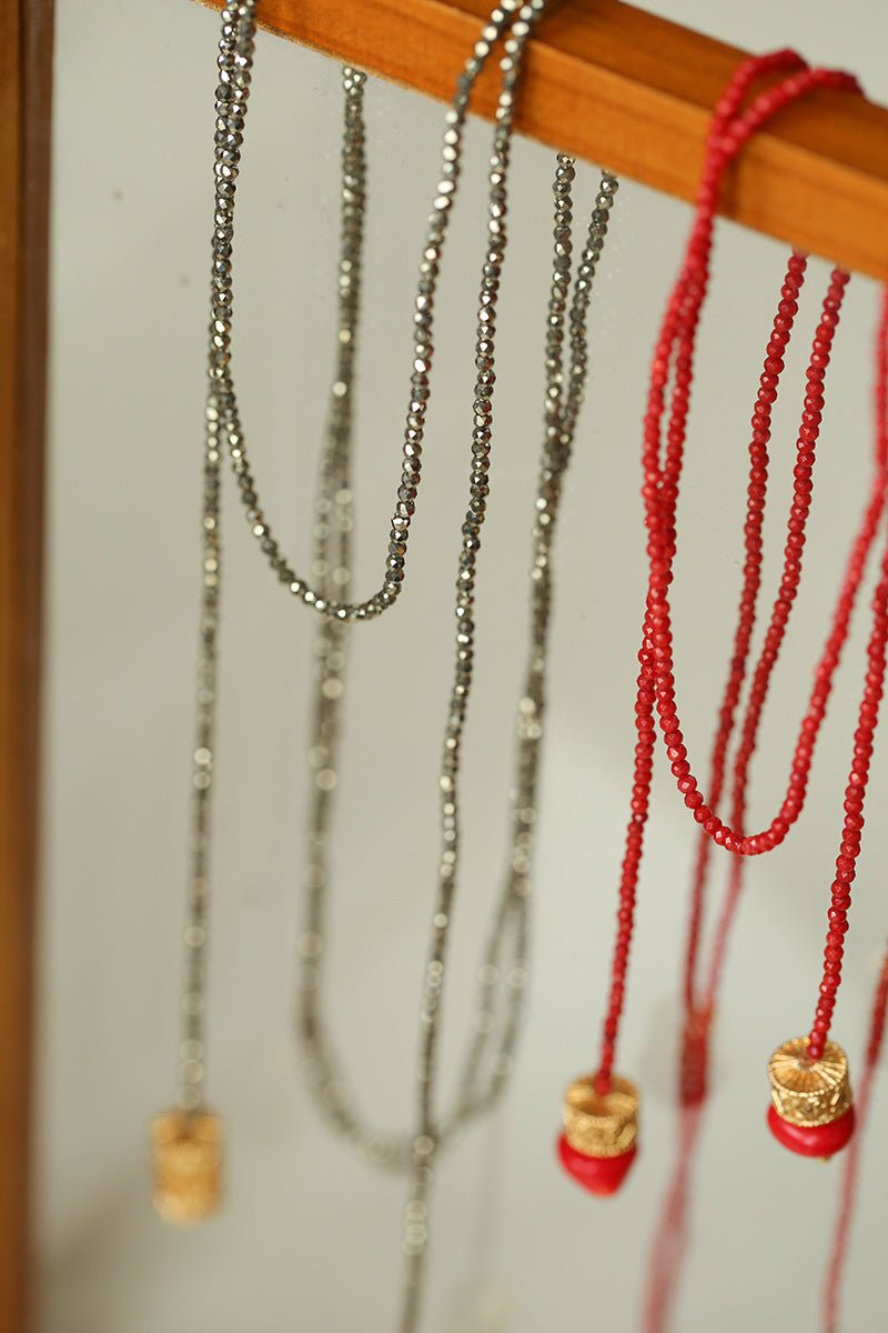 Extra - Long Mini Gemstone Bead Necklace with Lucky Charm Beads – Coral or Gold Ore Option - floysun