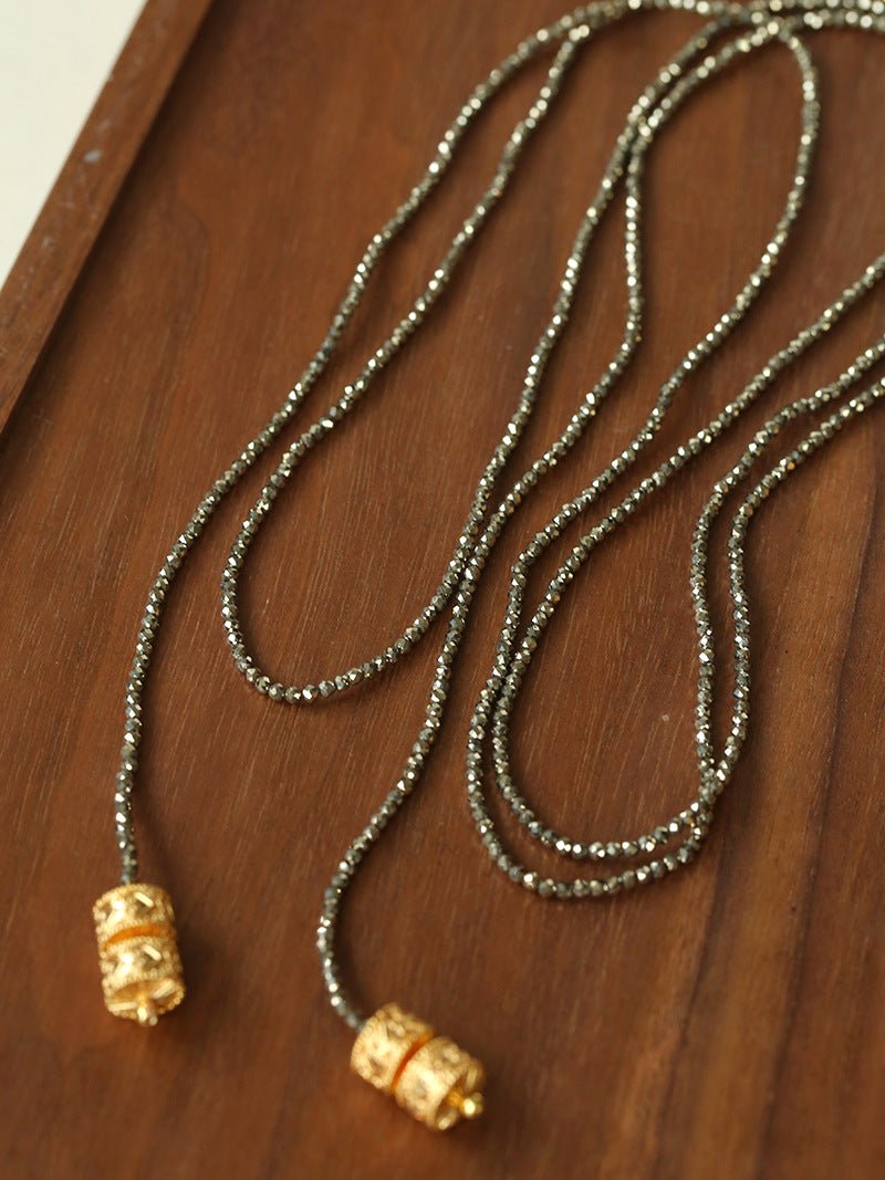 Extra - Long Mini Gemstone Bead Necklace with Lucky Charm Beads – Coral or Gold Ore Option - floysun