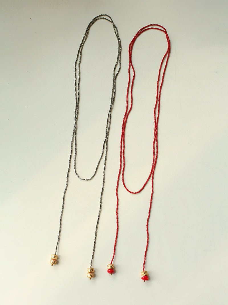 Extra - Long Mini Gemstone Bead Necklace with Lucky Charm Beads – Coral or Gold Ore Option - floysun