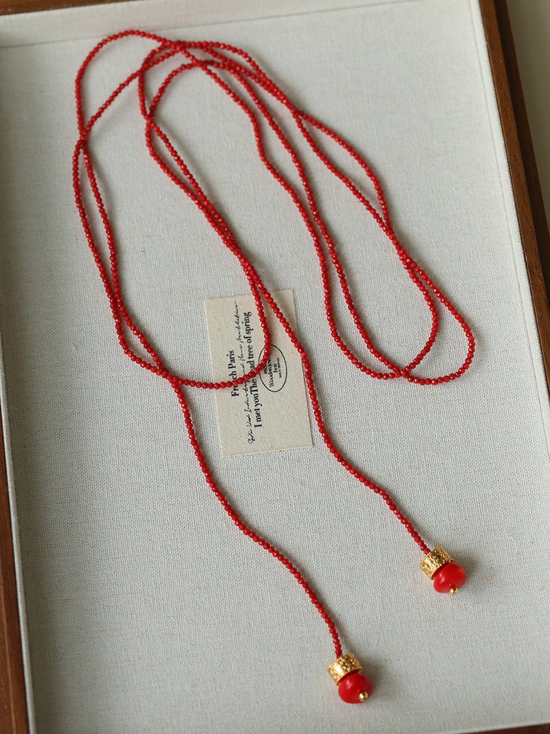 Extra - Long Mini Gemstone Bead Necklace with Lucky Charm Beads – Coral or Gold Ore Option - floysun