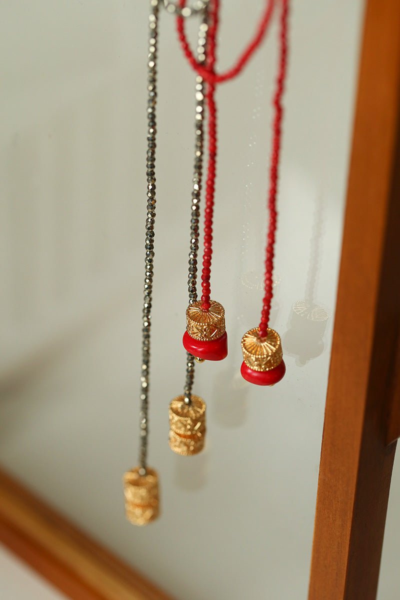 Extra - Long Mini Gemstone Bead Necklace with Lucky Charm Beads – Coral or Gold Ore Option - floysun