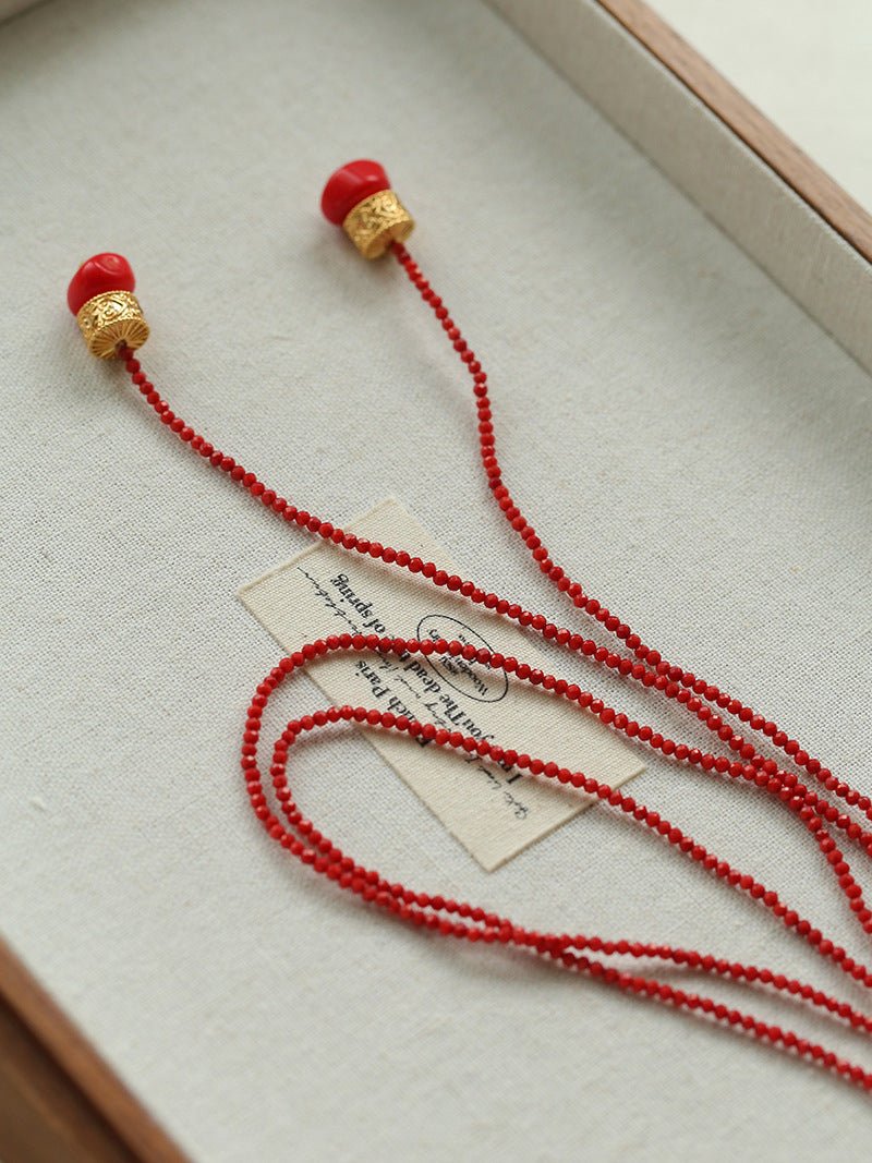 Extra - Long Mini Gemstone Bead Necklace with Lucky Charm Beads – Coral or Gold Ore Option - floysun