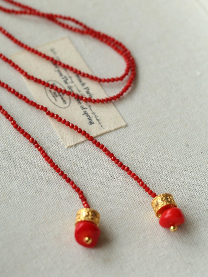 Extra - Long Mini Gemstone Bead Necklace with Lucky Charm Beads – Coral or Gold Ore Option - floysun