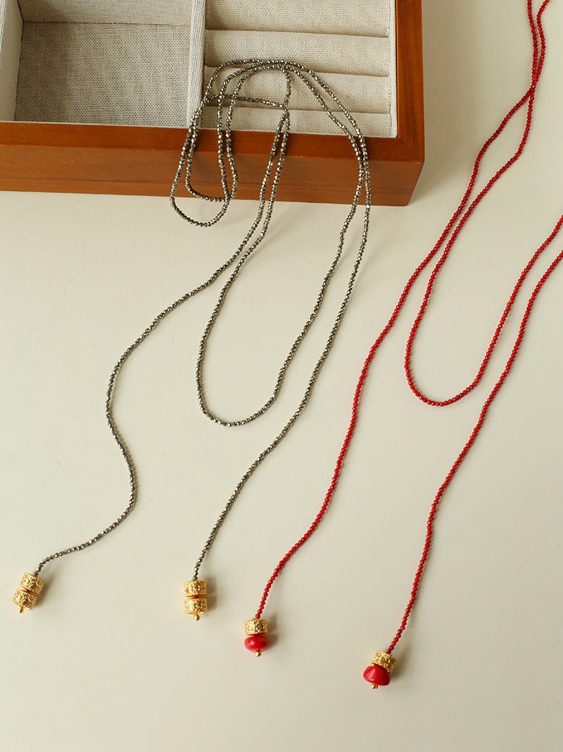 Extra - Long Mini Gemstone Bead Necklace with Lucky Charm Beads – Coral or Gold Ore Option - floysun