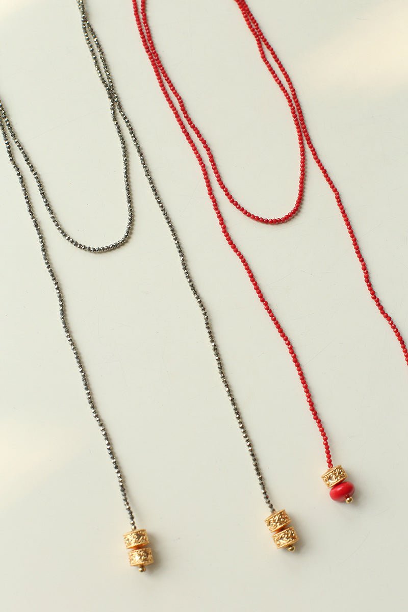 Extra - Long Mini Gemstone Bead Necklace with Lucky Charm Beads – Coral or Gold Ore Option - floysun