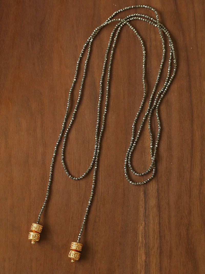 Extra - Long Mini Gemstone Bead Necklace with Lucky Charm Beads – Coral or Gold Ore Option - floysun