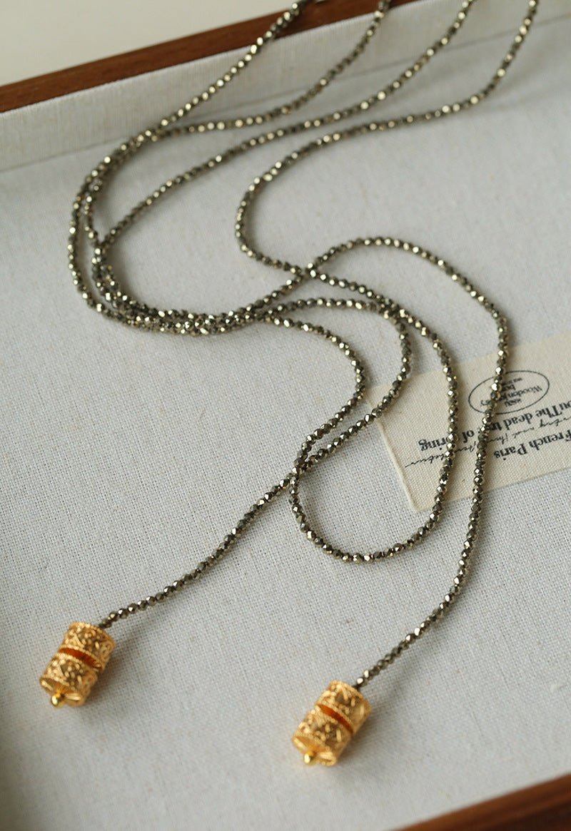 Extra - Long Mini Gemstone Bead Necklace with Lucky Charm Beads – Coral or Gold Ore Option - floysun