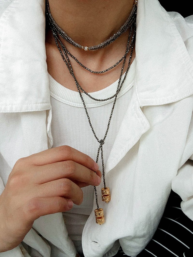 Extra - Long Mini Gemstone Bead Necklace with Lucky Charm Beads –Gold Ore - floysun