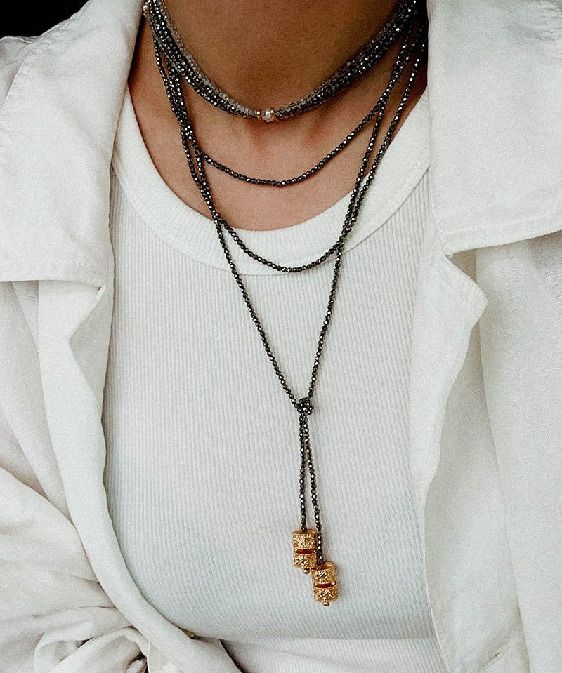 Extra - Long Mini Gemstone Bead Necklace with Lucky Charm Beads –Gold Ore - floysun